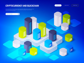 Poster - Cryptocurrency and Blockchain concept. Data center, server room rack, Farm for mining bitcoins.