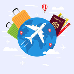 Wall Mural - Travel Planning. Passport, airplane ticket, world map