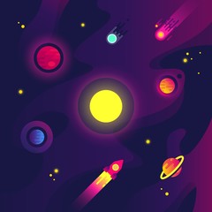 Poster - Cartoon space with spacecraft, small planets, meteorite and star in night sky. Flat science vector background