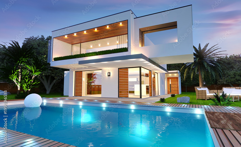 Belle maison moderne d'architecte avec piscine avec éclairage de nuit - obrazy, fototapety, plakaty 