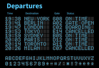 Poster - departures and arrivals airport digital board vector template. airline scoreboard with led letters a