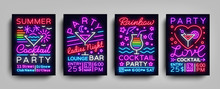 Collection Posters Cocktail Party Neon. Flyer Template Design In Neon Style. Set Flyers Cocktail Party Invitation To Dance, Light Banner Bright Brochure Nightlife Night Neon. Vector Illustration