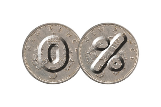 0 percent with old coins on white background