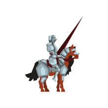 Medieval Knight Sitting On Horse And Holding Lance In Hand. Royal Warrior In Shiny Armor. Flat Vector Design