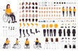 Young disabled woman in wheelchair constructor or DIY kit. Set of body parts, facial expressions, crutches, walking frame. Female cartoon character. Front, side, back views. Vector illustration.