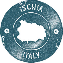 Ischia Map Vintage Stamp. Retro Style Handmade Label, Badge Or Element For Travel Souvenirs. Blue Rubber Stamp With Island Map Silhouette. Vector Illustration.