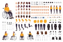 Young disabled woman in wheelchair constructor or DIY kit. Set of body parts, facial expressions, crutches, walking frame. Female cartoon character. Front, side, back views. Vector illustration.