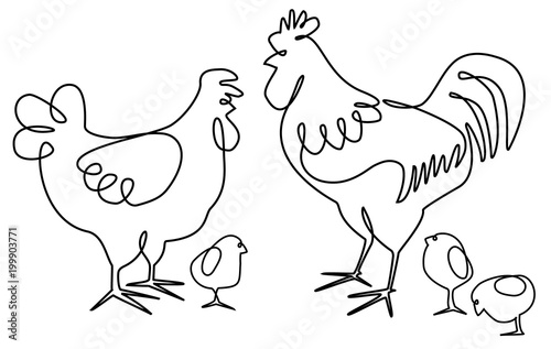 Cuadros en Lienzo Cock, hen and chickens one line drawing design