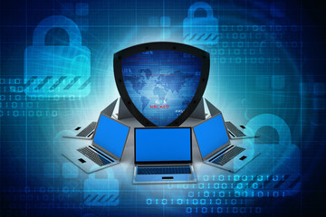Poster - laptop with shield. Isolated 3d rendering image
