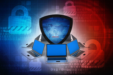 Poster - laptop with shield. Isolated 3d rendering image
