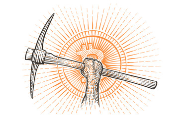 Pickaxe in raised hand symbolizing mining cryptocurrency illustration. Vector.