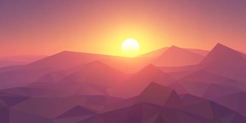 Pink and purple sunset in the mountains. Realistic vector illustration.