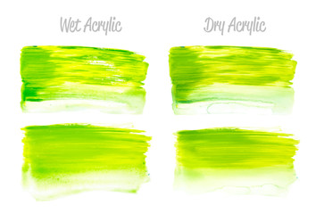 Vector yellow and green paint smear stroke stain set. Abstract acrylic textured art illustration. Acrilyc Texture Paint Stain Illustration. Hand drawn brush strokes vector elements. Acrilyc strokes.