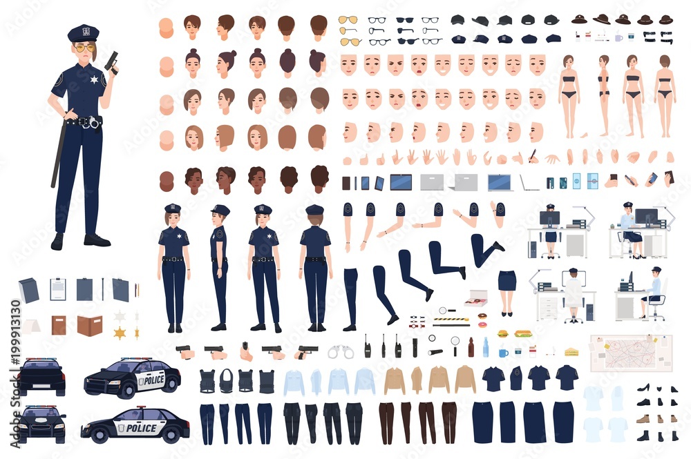 Police Front Part Policewoman constructor or DIY kit. Collection of female police officer ...