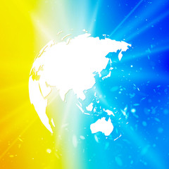 Wall Mural - abstract world globe, planet earth with starburst on blue yellow background asia view