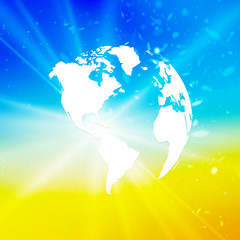 Wall Mural - abstract world globe, planet earth with starburst on blue yellow background america view
