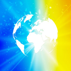 Wall Mural - abstract world globe, planet earth with starburst on blue yellow background