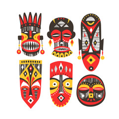 Poster - Vector collection of hand-drawn African masks with textures.