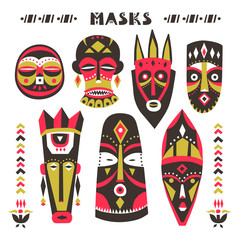 Poster - Vector collection of hand-drawn African masks, totems, amulets.