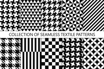 Collection of seamless textile patterns - black and white design. Vector geometric backgrounds