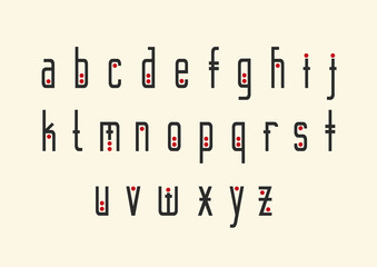 Poster - Vector alphabet set. Lowercase letters in geometric ethnic style with red points. For hipster theme, trendy posters.