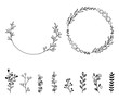 Set of doodle hand drawn vector design elements. Wreath, wild floral elements.