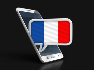Poster - Touchscreen smartphone and Speech bubble with French flag. Image with clipping path