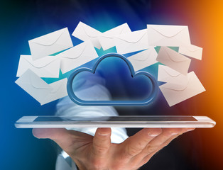 Poster - Blue cloud surrounded by realistic envelope email displayed on a futuristic interface - 3d rendering