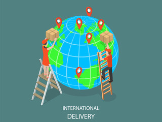 Wall Mural - International delivery flat isometric vector concept. Couriers are delivering parcels to the globe model using ladders. Global logistic, worldwide freight shipping.