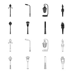 Wall Mural - Lamppost in retro style, modern lantern, torch and other types of streetlights. Lamppost set collection icons in black,outline style vector symbol stock illustration web.