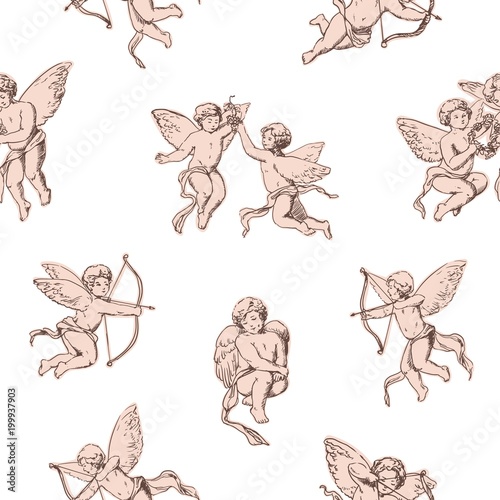 Fotografía Seamless pattern Cupids holding bows and shooting arrows on white background