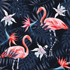 Wall Mural - flamingo strelitzia palm leaves dark background pattern
