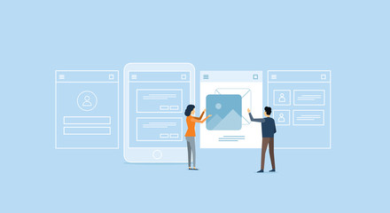 Poster - mobile application development process  with design team working concept