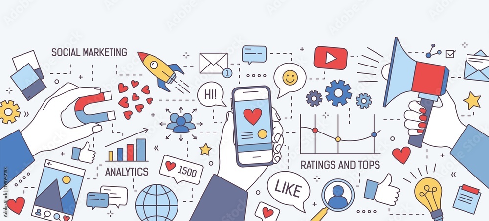 Horizontal banner with hands holding magnet, megaphone and smartphone with heart on screen surrounded by symbols and charts. Social media marketing, seo optimization. Modern vector illustration. - obrazy, fototapety, plakaty 