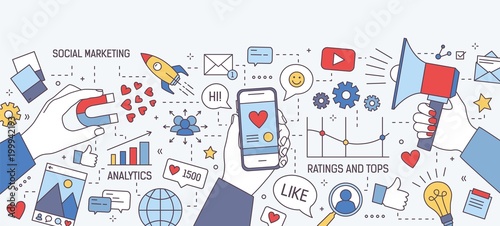 Fotomural Horizontal banner with hands holding magnet, megaphone and smartphone with heart on screen surrounded by symbols and charts