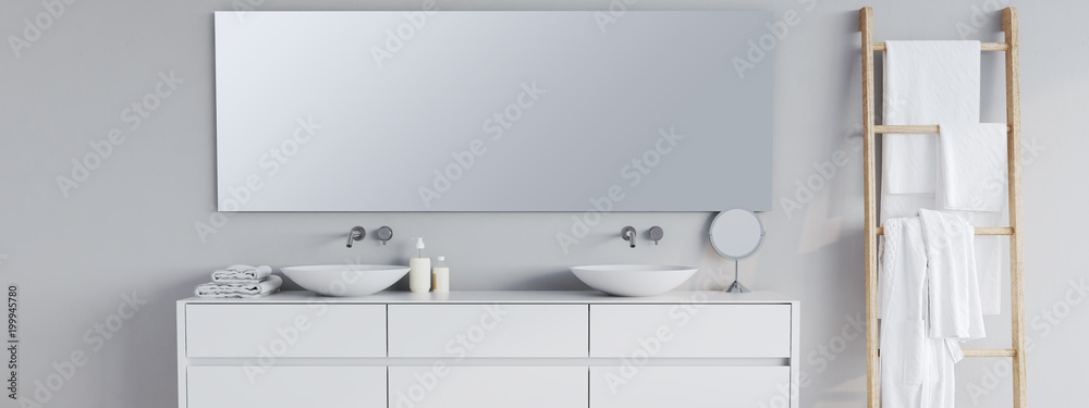 new modern bathroom with a font mirror. 3d rendering - obrazy, fototapety, plakaty 