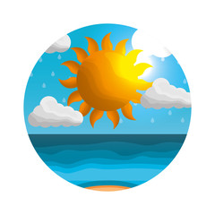 Sticker - cloud weather climate with sun seascape vector illustration design