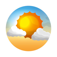 Sticker - cloud weather climate with sun seascape vector illustration design