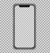New High Detailed Realistic Smartphone Similar To Phone Isolated On Transparent Background. Display Front View. Device Mockup Separate Groups And Layers. Easily Editable Vector. EPS 10.