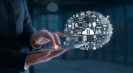 Leinwandbilder - Digital marketing. Businessman using tablet with icon network connection. Business innovation technology concept