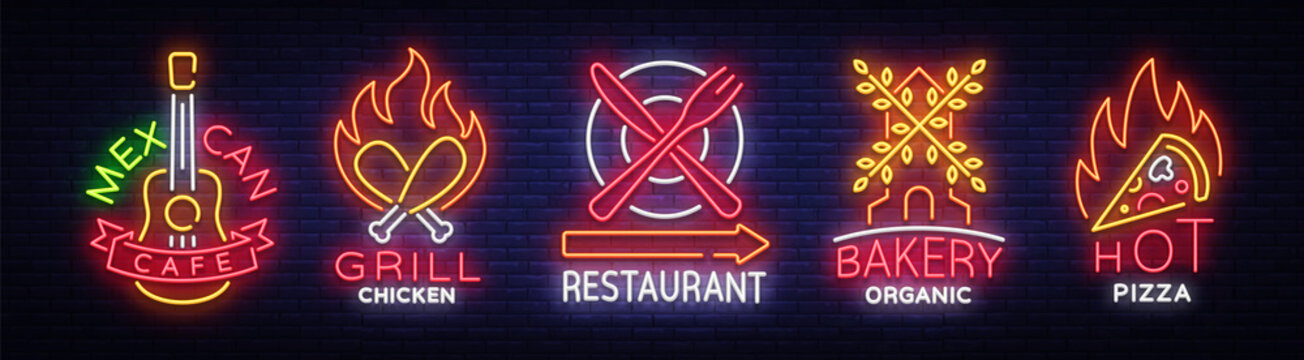 Bright neon symbols for food. Collection Design Elements, Neon Signs for Food, Mexican Cafe, Grill Chicken, Restaurant, Bakery Organic, Hot Pizza.Vector Illustration
