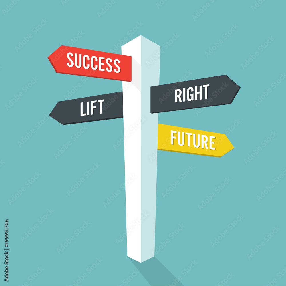 Direction sign with text  future success left and right. Vector illustration - obrazy, fototapety, plakaty 