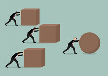 Businessman Pushing A Sphere Leading The Race Against A Group Of Businessmen Pushing Cubes