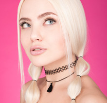 The Choker On The Neck. Closeup Beauty Portrait Of Young Beautiful Woman With White Hair