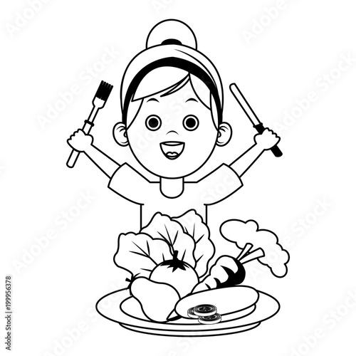 Cute girl eating fruits with cutlery on black and white colors vector