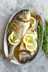 Canvas Print - Baked fish dorado. Sea bream or dorada fish grilled