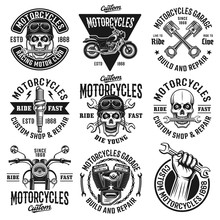Motorcycles Set Of Nine Vector Vintage Emblems