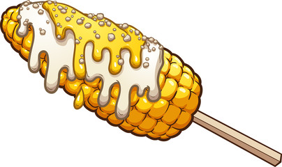 Corn on the cob with mayonnaise and cheese. Vector clip art illustration with simple gradients. Corn, mayo and cheese on separate layers.