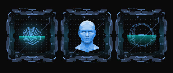 Poster - concept of face scanning. accurate facial recognition biometric technology and artificial intelligen