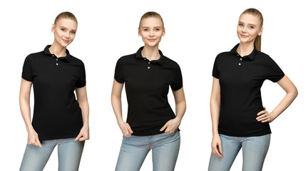 Wall Mural - Set variations promo pose girl in blank black polo shirt mockup design for print and concept template young woman in T-shirt front and half turn view isolated white background